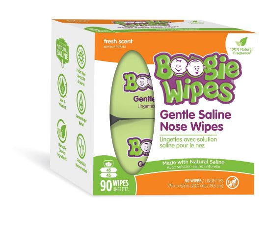 Picture of Boogie Wipes, Saline Wipes for Baby & Kids, Nose Booger Wipes for Allergy Relief, Face, Hand & Body, Made with Vitamin E, Aloe and Natural Saline, Fresh Scent, 45 Count (Pack of 2)