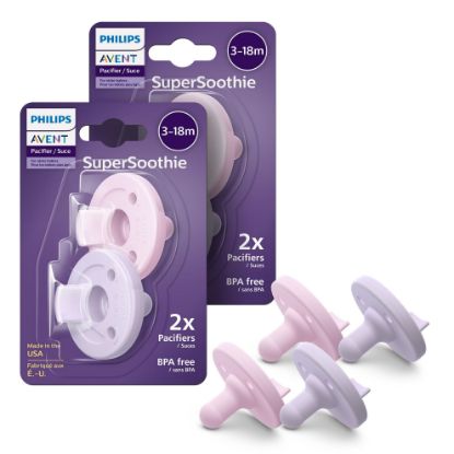 Picture of Philips Avent Soothie 3-18 Months Orthodontic Baby Pacifiers, 100% Silicone Pacifiers, One Piece, BPA-Free, 2 Lilac and 2 Pink, 4 Pack, Model SCF192/70