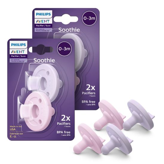 Picture of Philips Avent Soothie 0-3 Months Orthodontic Baby Pacifiers, 100% Silicone Pacifiers, One Piece, BPA-Free, 2 Lilac and 2 Pink, 4 Pack, Model SCF190/70
