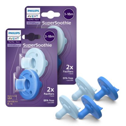Picture of Philips Avent Soothie 3-18 Months Orthodontic Baby Pacifiers, 100% Silicone Pacifiers, One Piece, BPA-Free, 2 Sky Blue and 2 Light Blue, 4 Pack, Model SCF192/71