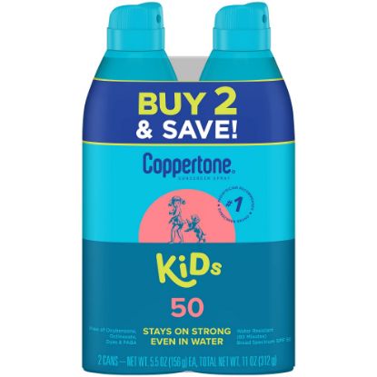 Picture of Coppertone Sunscreen Spray SPF 50, Broad Spectrum, Water Resistant for Kids, #1 Pediatrician Recommended Brand, 5.5 Ounce (Pack of 2)
