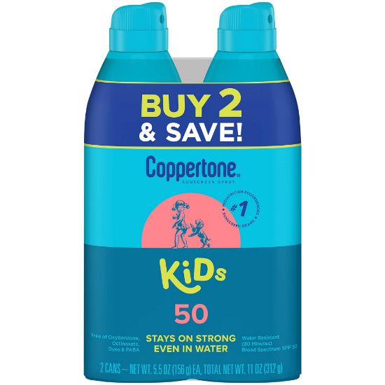 Picture of Coppertone Sunscreen Spray SPF 50, Broad Spectrum, Water Resistant for Kids, #1 Pediatrician Recommended Brand, 5.5 Ounce (Pack of 2)