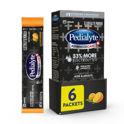 Picture of Pedialyte AdvancedCare Plus Electrolyte Powder, Has 33% More Electrolytes and PreActiv Prebiotics, Orange Breeze, 6 Powder Packets