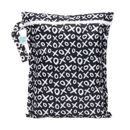 Picture of Bumkins Waterproof Wet Bag for Baby, Travel, Swim Suit, Cloth Diapers, Pump Parts, Pool, Gym Clothes, Toiletry, Strap to Stroller, Daycare, Zipper Reusable Bag, Wetdry Packing Pouch, XOXO Black