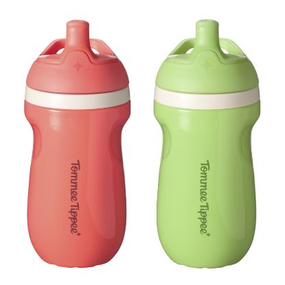 Picture of Tommee Tippee Insulated Sporty Bottle, 9oz, No Spill Toddler Water Bottle For 12 months +, Two-Piece Valve Helps Stop Spills, Pack of 2, Green and Red