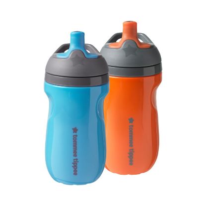 Picture of Tommee Tippee Insulated Sportee Bottle, for 12m+, 9oz, Pack of 2 Non-Spill Toddler Water Bottles, Orange and Blue, with Two-Piece Valve to Help Stop Spills, Bite-Resistant Spout and Easy-Hold Handle
