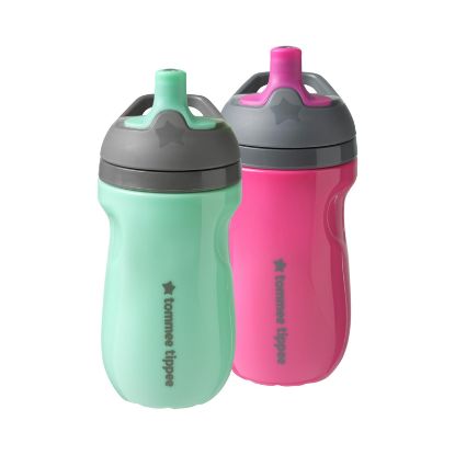 Picture of Tommee Tippee Insulated Sportee Bottle, for 12m+, 9oz, Pack of 2 Non-Spill Toddler Water Bottles, Pink and Mint, with Two-Piece Valve to Help Stop Spills, Bite-Resistant Spout and Easy-Hold Handle