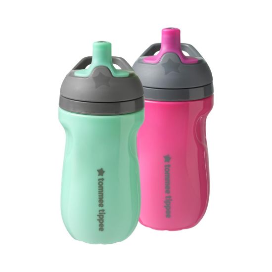 Picture of Tommee Tippee Insulated Sportee Bottle, for 12m+, 9oz, Pack of 2 Non-Spill Toddler Water Bottles, Pink and Mint, with Two-Piece Valve to Help Stop Spills, Bite-Resistant Spout and Easy-Hold Handle