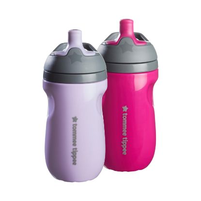 Picture of Tommee Tippee Insulated Sportee Bottle, for 12m+, 9oz, Pack of 2 Non-Spill Toddler Water Bottles, Lilac and Plum, with Two-Piece Valve to Help Stop Spills, Bite-Resistant Spout and Easy-Hold Handle