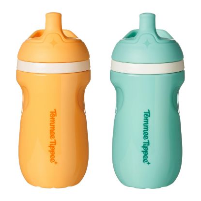 Picture of Tommee Tippee Insulated Sporty Bottle, 9oz, No Spill Toddler Water Bottle For 12 months +, Two-Piece Valve Helps Stop Spills, Pack of 2, Light Blue and Orange