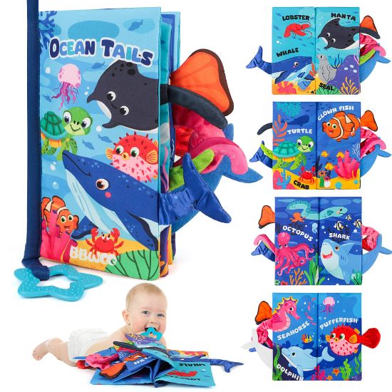 Picture of BBWOO Baby Book Toys 0-6 Months, Baby Boy Girl Shower Gifts, Baby Toys 6 to 12 Months, Tummy Time Crinkle Book with Teether, Christmas Stocking Stuffers, Touch and Feel Book for Babies Infant Newborn