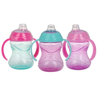 Picture of Nuby Clik-It Grip N' Sip Soft Spout No-Spill Training Sippy Cup with Handles - (3-Pack) 10 oz - 4+ Months - Aqua/Purple/Pink