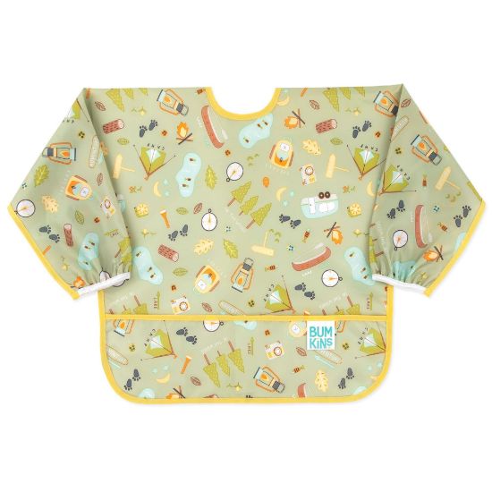 Picture of Bumkins Sleeved Bib for Girl or Boy, Baby and Toddler for 6-24 Mos, Essential Must Have for Eating, Feeding, Baby Led Weaning, Long Sleeve Mess Saving Food Catcher, Soft Fabric, Camp Gear Green