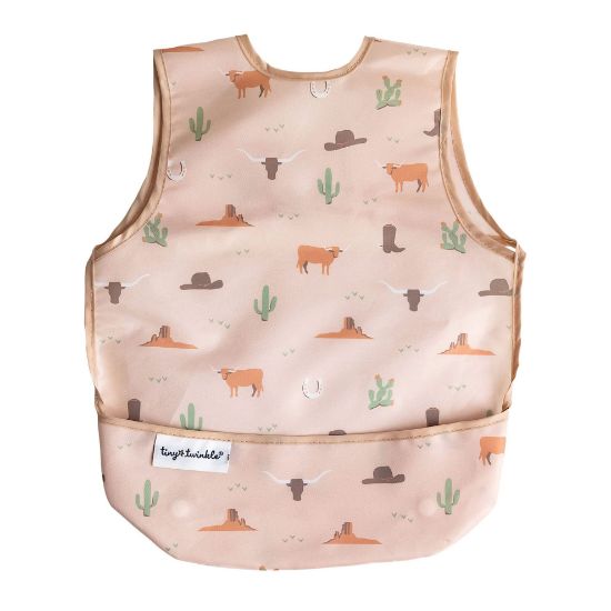 Picture of Tiny Twinkle Mess Proof Baby Bib - Waterproof Baby Apron - Machine Washable - PVC, BPA, & Phthalate Free - Great Travel Bib for Baby Eating - Baby Food Bibs (Cowboy, Small 6-24 Months)