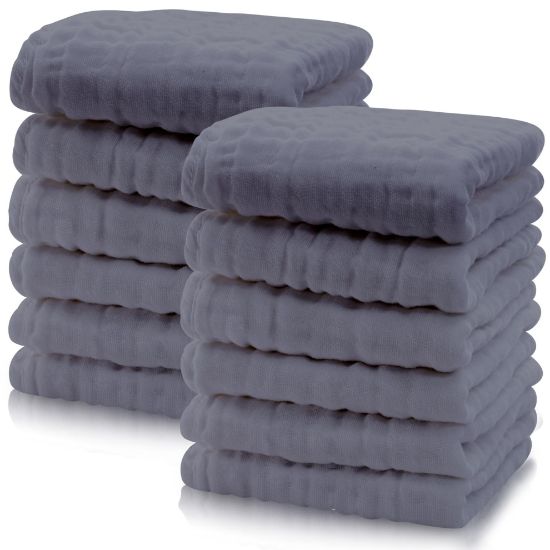 Picture of Cute Castle 12 Pack Muslin Baby Washcloths - Large 12'' by 12'' - Ultra Soft 100% Cotton - Super Absorbent Burp Cloths for Unisex, Boy, Girl -Grey