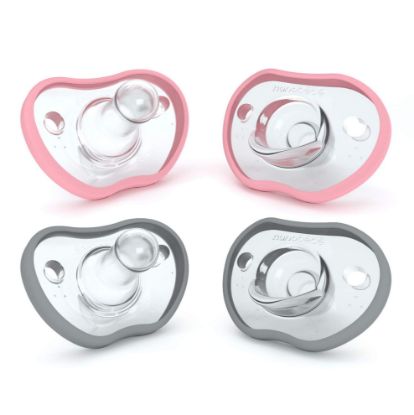 Picture of Nanobebe Baby Pacifiers 0-3 Month - Orthodontic, Curves Comfortably with Face Contour, Award Winning for Breastfeeding Babies, 100% Silicone, Baby Registry Gift 4pk,Pink/Grey