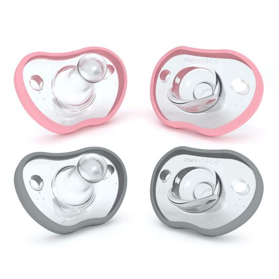 Picture of Nanobebe Baby Pacifiers 0-3 Month - Orthodontic, Curves Comfortably with Face Contour, Award Winning for Breastfeeding Babies, 100% Silicone, Baby Registry Gift 4pk,Pink/Grey