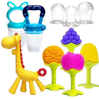 Picture of HONGTEYA Teething Toys for Babies 0-6 Months 6-12 Months 6 Pack- 4 Teethers for Babies Baby 2 Fruit Feeders for Newborn Infants BPA Free Natural Organic Freezer Silicone Baby Teethers Set (Blue)