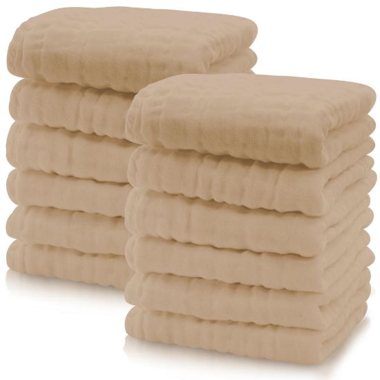 Picture of Cute Castle 12 Pack Muslin Baby Washcloths - Large 12'' by 12'' - Ultra Soft 100% Cotton - Super Absorbent Burp Cloths for Unisex, Boy, Girl -Brown