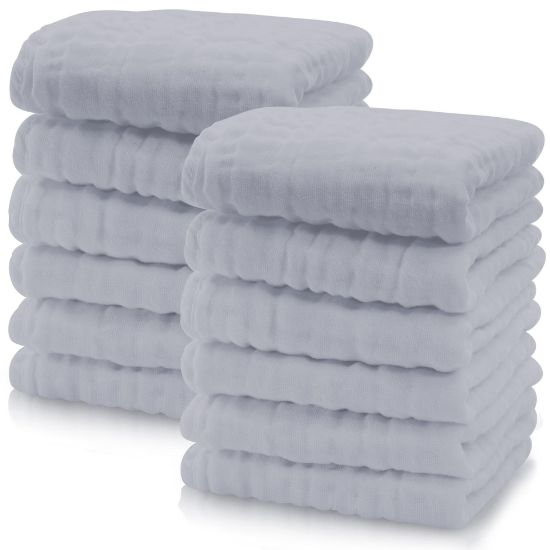 Picture of Cute Castle 12 Pack Muslin Baby Washcloths - Large 12'' by 12'' - Ultra Soft 100% Cotton - Super Absorbent Burp Cloths for Unisex, Boy, Girl -Slate