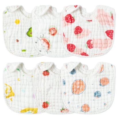 Picture of Zainpe 6Pcs Snap Muslin Cotton Baby Bibs Strawberry Lemon Avocado Pattern Infants Feeding Bib Adjustable Machine Washable Unisex Burp Cloths with 6 Absorbent & Soft Layers for Drooling and Teething