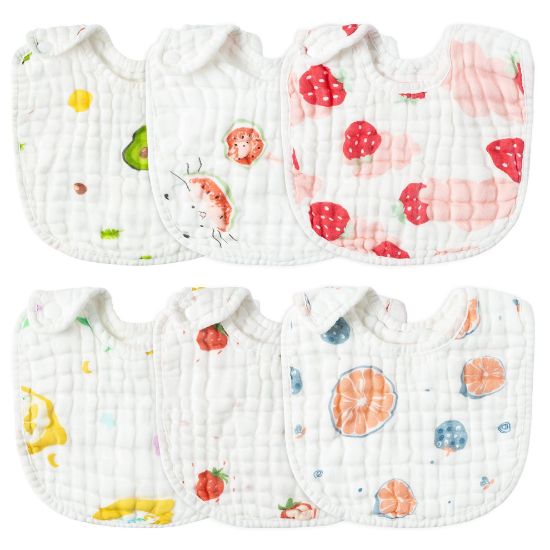 Picture of Zainpe 6Pcs Snap Muslin Cotton Baby Bibs Strawberry Lemon Avocado Pattern Infants Feeding Bib Adjustable Machine Washable Unisex Burp Cloths with 6 Absorbent & Soft Layers for Drooling and Teething