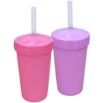 Picture of Re-Play Made in USA 2 Pack Straw Cups for Toddlers, 10 Oz. - Reusable Kids Cups with Straws and Lids, Dishwasher/Microwave Safe - Toddler Cups with Straws 3.13" x 5.5", Bright Pink/Purple