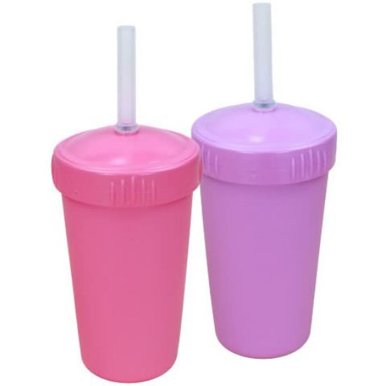 Picture of Re-Play Made in USA 2 Pack Straw Cups for Toddlers, 10 Oz. - Reusable Kids Cups with Straws and Lids, Dishwasher/Microwave Safe - Toddler Cups with Straws 3.13" x 5.5", Bright Pink/Purple