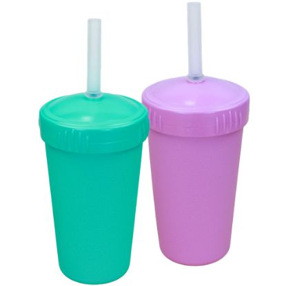 Picture of Re-Play Made in USA 2 Pack Straw Cups for Toddlers, 10 Oz. - Reusable Kids Cups with Straws and Lids, Dishwasher/Microwave Safe - Toddler Cups with Straws 3.13" x 5.5", Aqua/Purple