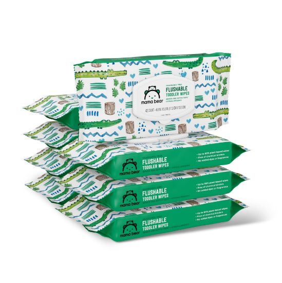 Picture of Amazon Brand - Mama Bear Fragrance Free Hypoallergenic Flushable Toddler Toilet Wipes, 336 Count (8 Packs of 42)