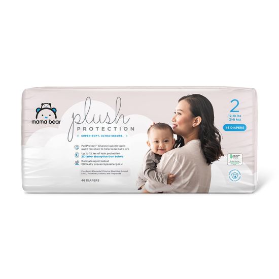 Picture of Amazon Brand - Mama Bear Plush Protection Diapers - Size 2, 46 Count, Hypoallergenic Premium Disposable Baby Diapers, White and Cloud Dreams
