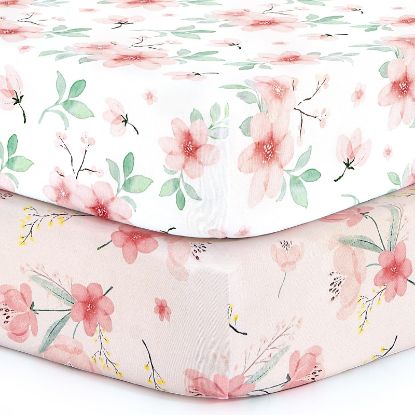 Picture of Pack n Play Stretchy Fitted Playard Sheet Set BROLEX 2 Pack Portable Mini Crib Sheets,Convertible Playard Mattress Cover,Ultra Soft Material,Pink Blossom