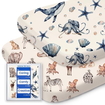 Picture of Bassinet Sheets for Baby Boy Girl, TotBasic Buttery Soft Universal Bassinet Fitted Sheet, Compatible with Halo, Mika Micky, Baby Delight, Dream On Me, Maxi COSI and More Bassinet Mattress(Ocean&Zoo)