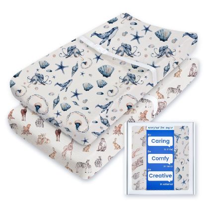 Picture of Extra Stretchy Changing Pad Cover, TotBasic Ultra Soft Premium Jersey Knit Changing Pad Sheets, Unisex for Boys Girls, Fits All Standard Changing Tables/Dresser Tops - 2 Pack (Ocean Pals + Wildlife)