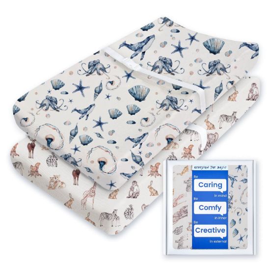 Picture of Extra Stretchy Changing Pad Cover, TotBasic Ultra Soft Premium Jersey Knit Changing Pad Sheets, Unisex for Boys Girls, Fits All Standard Changing Tables/Dresser Tops - 2 Pack (Ocean Pals + Wildlife)