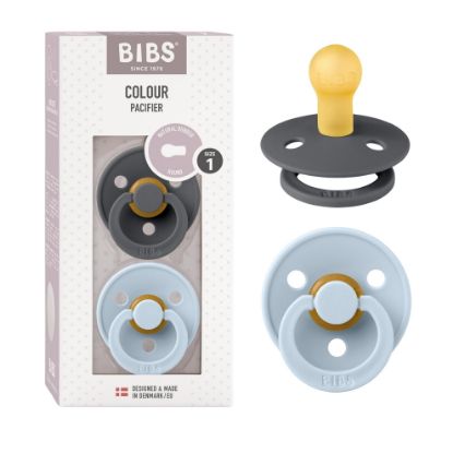 Picture of BIBS Pacifiers Colour Collection | Natural Rubber Baby Pacifier | Set of 2 BPA-Free Soothers | Made in Denmark | 0+ Months (Pack of 2) | Baby Blue/Iron