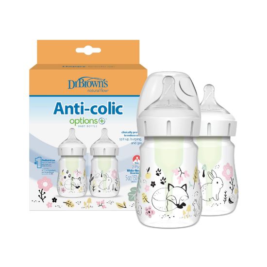 Picture of Dr. Brown’s Natural Flow Anti-Colic Options+ Wide-Neck Baby Bottle Designer Edition Bottles, Woodland Decos, 5 oz/150 mL, Level 1 Nipple, 2-Pack, 0m+
