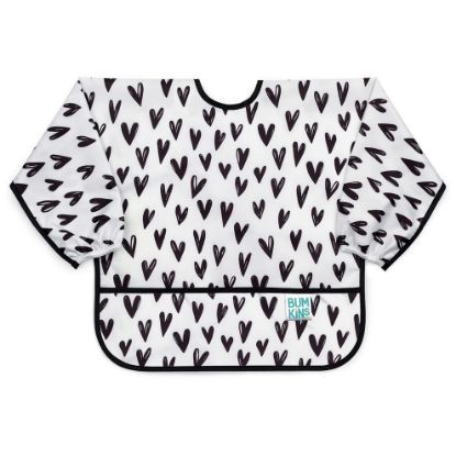 Picture of Bumkins Sleeved Bib for Girl or Boy, Baby and Toddler for 6-24 Months, Essential Must Have for Eating, Feeding, Baby Led Weaning Supplies, Long Sleeve Mess Saving Food Catcher, Hearts Black and White