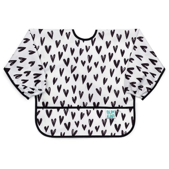 Picture of Bumkins Sleeved Bib for Girl or Boy, Baby and Toddler for 6-24 Months, Essential Must Have for Eating, Feeding, Baby Led Weaning Supplies, Long Sleeve Mess Saving Food Catcher, Hearts Black and White