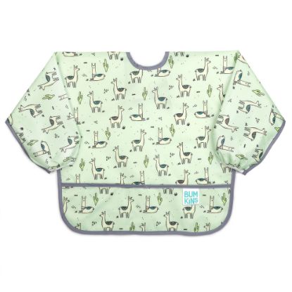 Picture of Bumkins Sleeved Bib for Girl or Boy, Baby and Toddler for 6-24 Mos, Essential Must Have for Eating, Feeding, Baby Led Weaning Supplies, Long Sleeve Mess Saving Food Catcher, Soft Fabric, Llama Green
