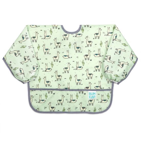 Picture of Bumkins Sleeved Bib for Girl or Boy, Baby and Toddler for 6-24 Mos, Essential Must Have for Eating, Feeding, Baby Led Weaning Supplies, Long Sleeve Mess Saving Food Catcher, Soft Fabric, Llama Green