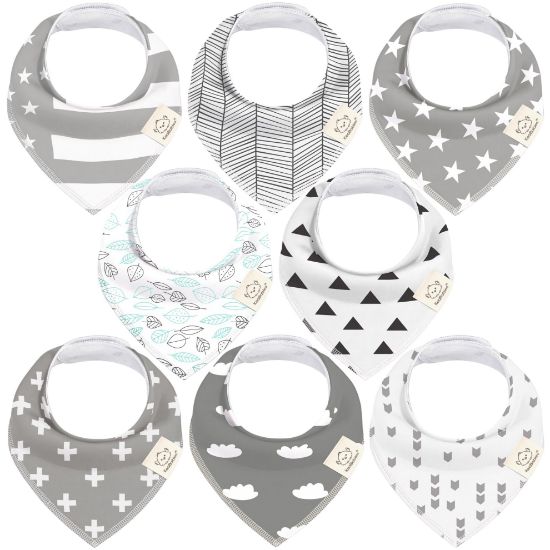 Picture of 8-Pack Organic Baby Bandana Bibs for Girls - Super Absorbent Triangle Baby Bibs for Drooling and Teething Infant, 100% Cotton Extra Soft for Newborn, Infant 0-36 Months (Grayscape)