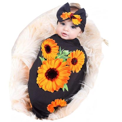 Picture of Galabloomer Newborn Receiving Blanket Headband Set Flower Print Baby Swaddle Blankets Sunflower