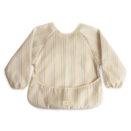 Picture of mushie Long Sleeve Baby Bib | Mess Free & Waterproof Fabric for Toddlers | Adjustable Fit for Ages 6-24 Months (Retro Stripes)
