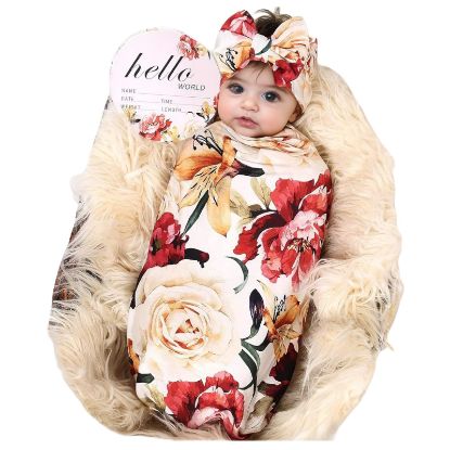 Picture of Galabloomer Receiving Blanket Headband Set Flower Print Baby Swaddle Blankets