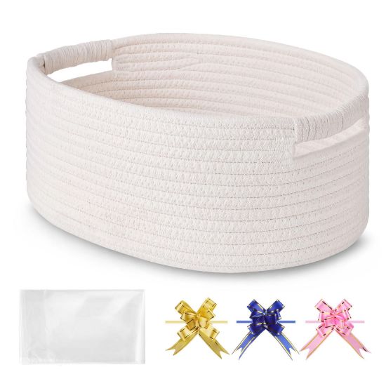 Picture of BOSROTY Small Woven Basket with Gift Bags and Ribbons, Empty Gift Basket, Basket for Gifts, Gift Basket for Women Men, Shelf Baskets, Small Cat Dog Pet Toy Basket, 13”x 9”x 5.5”, White