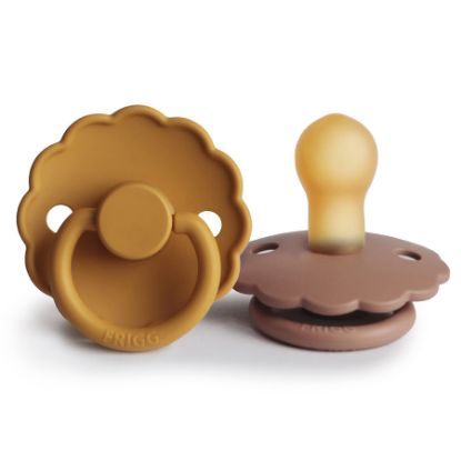 Picture of FRIGG Daisy Natural Rubber Baby Pacifier | Made in Denmark | BPA-Free (Rose Gold/Honey Gold, 0-6 Months) 2-Pack