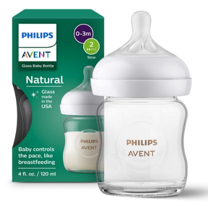 Picture of Philips Avent Natural Glass Baby Bottle with Natural Response Nipple (Slow Flow, Flow 2), 4oz, SCY910/01