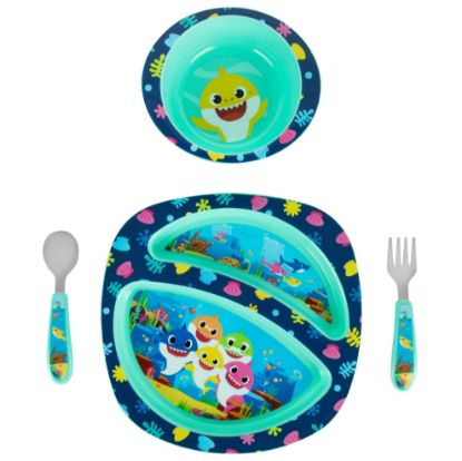 Picture of The First Years Baby Shark Dinnerware Set - Toddler Plates and Bowls Set - Includes 1 Toddler Plate, Toddler Bowl, and Toddler Fork and Spoon - 4 Count, Blue, (Y11693AZ1)