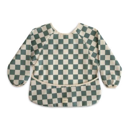 Picture of mushie Long Sleeve Baby Bib | Mess Free & Waterproof Fabric for Toddlers | Adjustable Fit for Ages 6-24 Months (Olive Check)